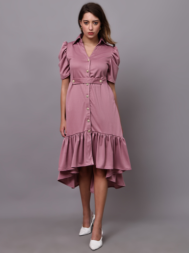 Trendy Mauve Belted Midi Dress with Puff Sleeves | Women’s Elegant Dress